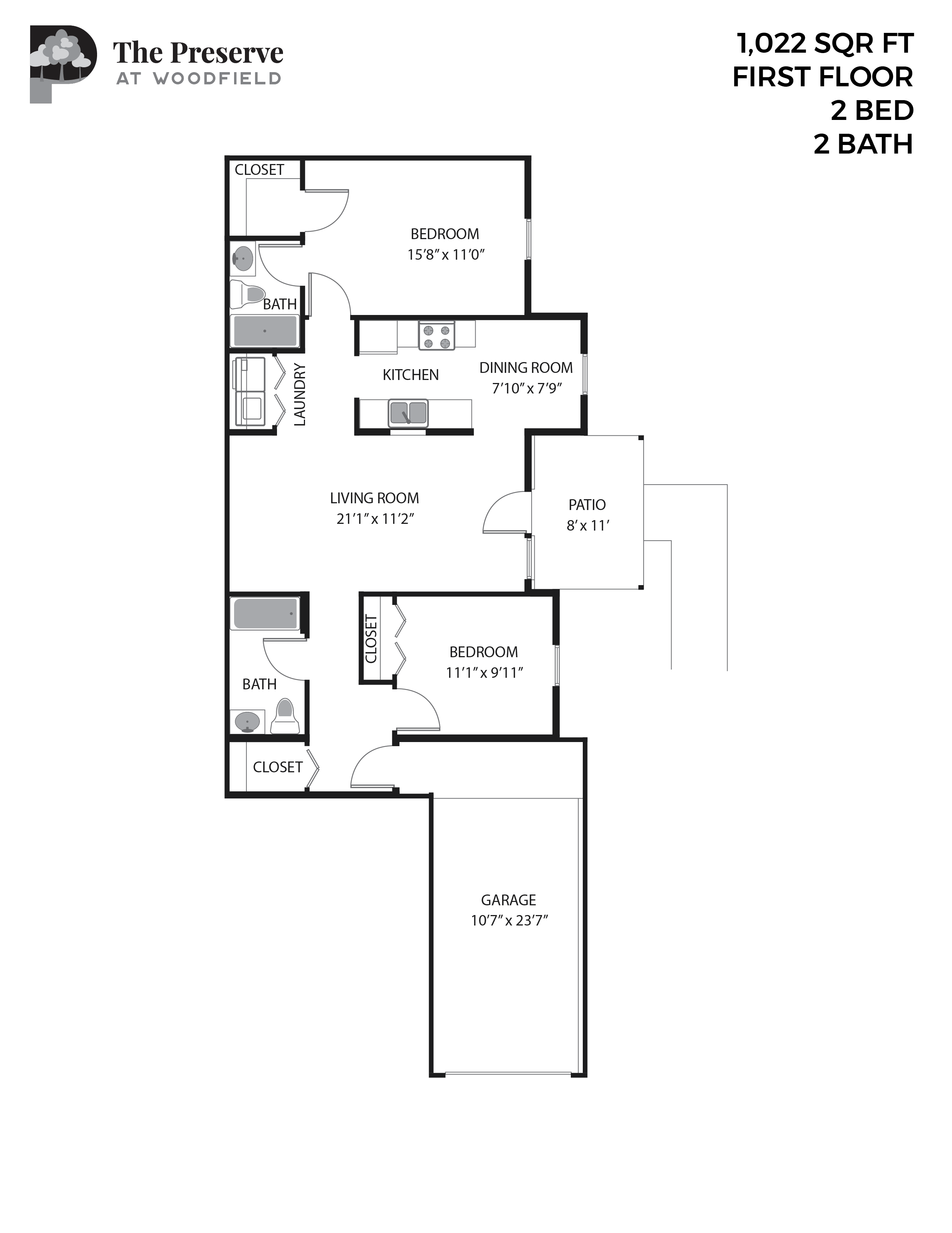 Floor plan for 2 beds, 2 baths, 1022 sqft